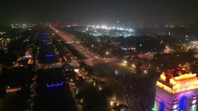 Night Aerial View of India Gate and New Delhi Cityscape