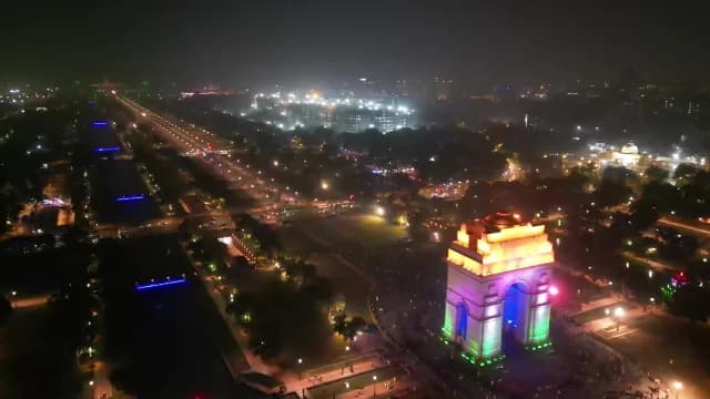 Aerial Night View of India Gate Illuminated in Tricolor, New Delhi