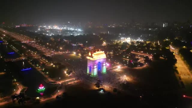 Aerial Night View of India Gate Illuminated in Tricolor