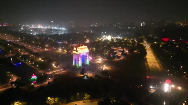 Aerial Night View of India Gate Illuminated with National Tricolor