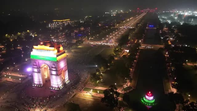 Illuminated India Gate and Kartavya Path Night Aerial View New Delhi