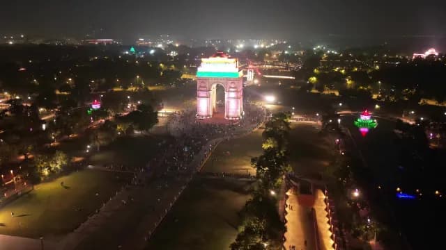 Aerial Night View of Illuminated India Gate in New Delhi