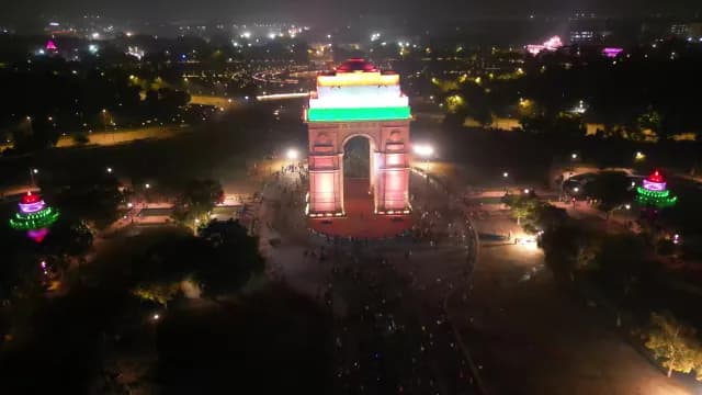 Aerial Night View of Illuminated India Gate in New Delhi