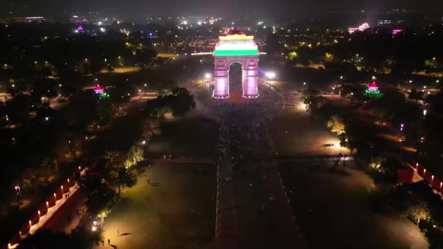 Aerial Night View of Illuminated India Gate in New Delhi