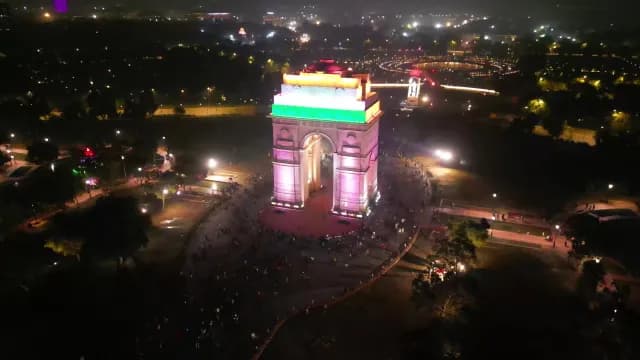 Aerial Night View of India Gate Illuminated with Indian Tricolor