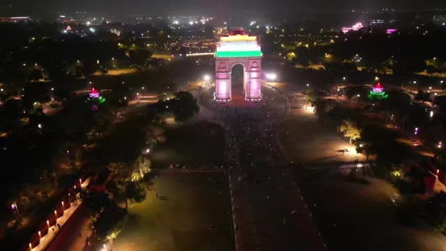 Aerial Night View of Illuminated India Gate in New Delhi