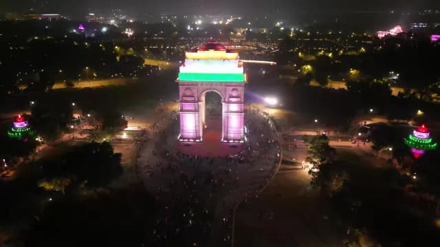 Aerial Night View of Illuminated India Gate in New Delhi