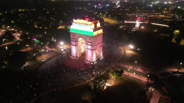 Aerial Night View of Illuminated India Gate in New Delhi