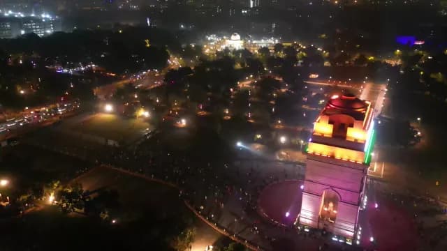 Aerial Night View of Illuminated India Gate in New Delhi