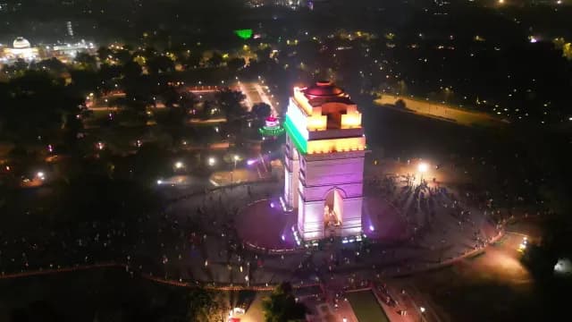 Illuminated India Gate Aerial View at Night in New Delhi