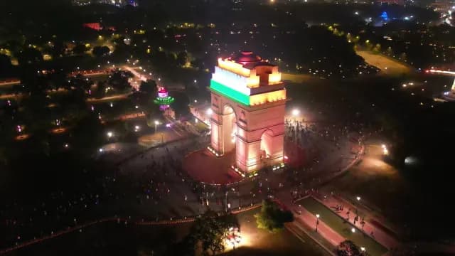 Aerial View of Illuminated India Gate at Night in New Delhi