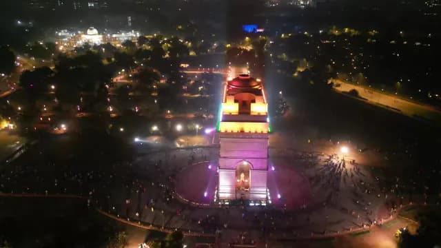 Aerial Night View of Illuminated India Gate Monument in New Delhi