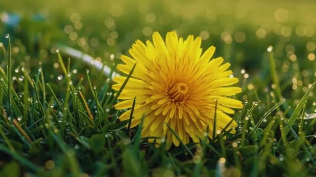Vibrant Yellow Dandelion in Dewy Morning Grass