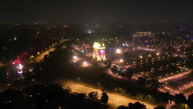 Illuminated India Gate Aerial View at Night in New Delhi
