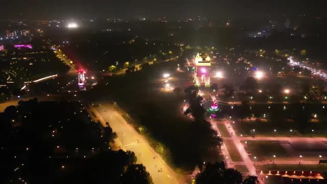 Aerial View of Illuminated India Gate at Night