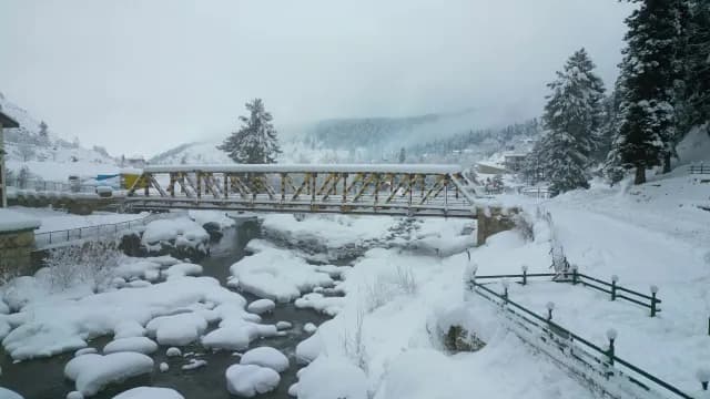 Snow Covered Bridge Over Mountain River in Winter Landscape, Srinagar