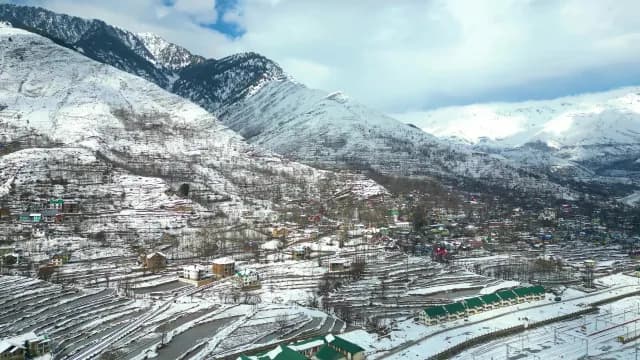 Aerial View of Snowy Mountain Village and Terraced Fields in Srinagar