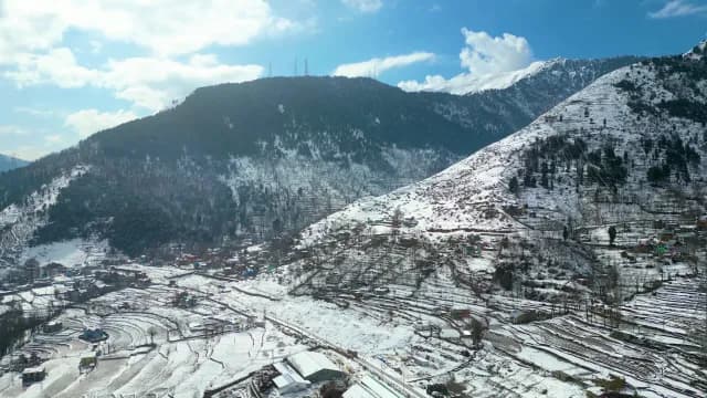 Aerial View of Snowy Srinagar Valley and Terraced Fields