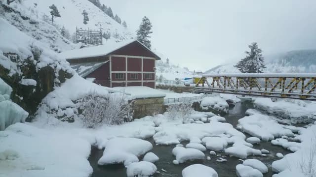 Winter Mountain Landscape with Red Cabin and Snowy River Bridge, Srinagar