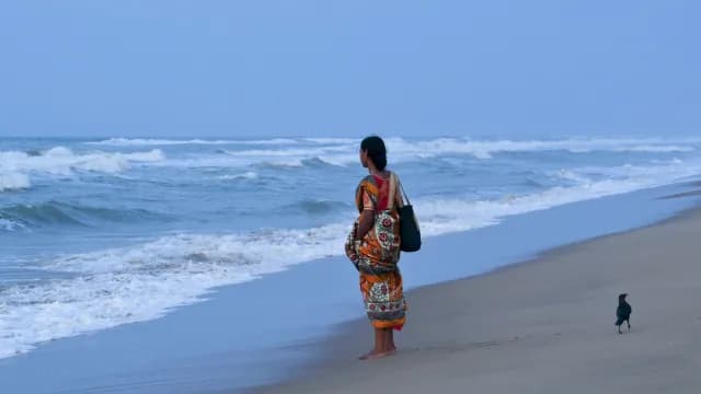 Indian Woman in Traditional Sari Standing on Scenic Beach