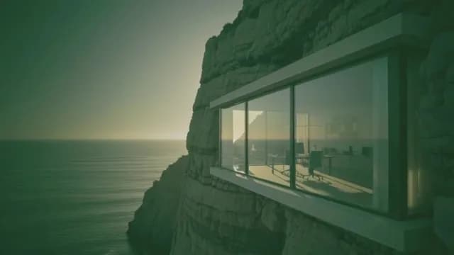 Modern Glass Office Built Into Ocean Cliffside at Sunset