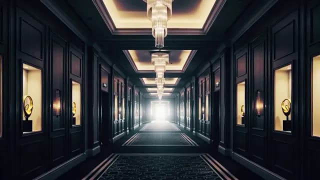 Luxury Hotel Corridor with Elegant Crystal Chandeliers and Golden Decor