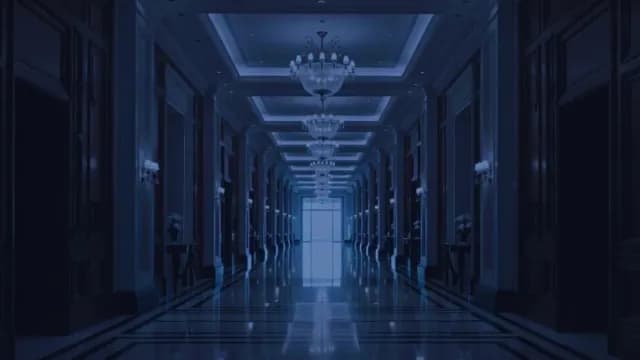 Elegant Dimly Lit Luxury Hotel Hallway with Chandeliers
