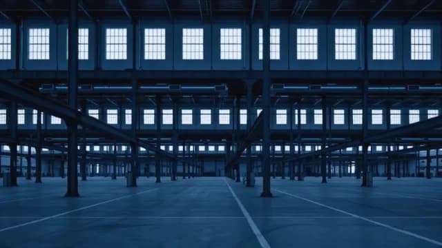 Empty Industrial Warehouse Interior with Blue Lighting and Steel Beams