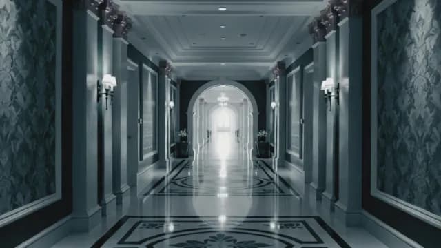 Luxury Hotel Hallway with Marble Floors and Arched Sunlight Exit