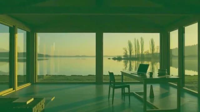 Serene Remote Workspace Overlooking a Calm Lake at Sunrise
