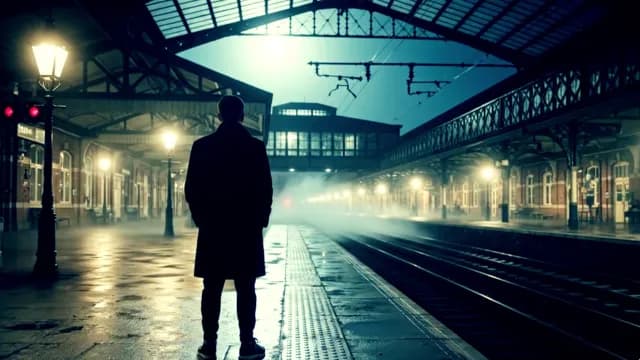 Man in Silhouette Waiting at Foggy Night Train Station