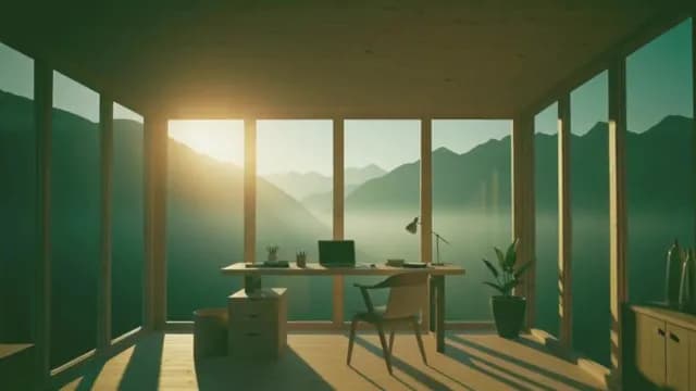 Modern Minimalist Home Office with Mountain View at Sunrise