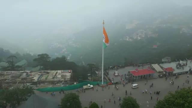 Aerial View of Indian National Flag at Misty Shimla Ridge