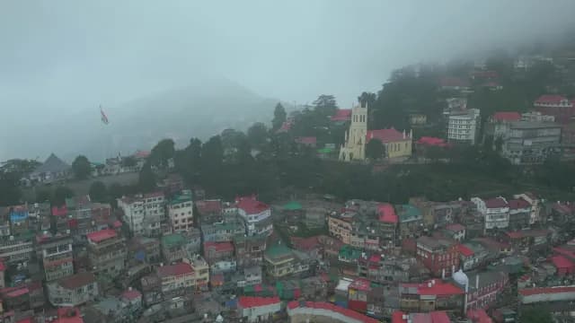 Aerial View of Foggy Shimla City and Christ Church India