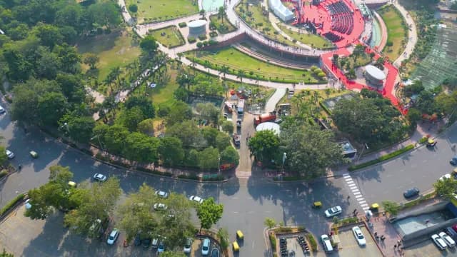 Aerial View of Urban Park and City Traffic in New Delhi