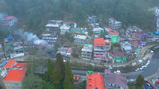Aerial View of Darjeeling Toy Train Winding Through Himalayan Town