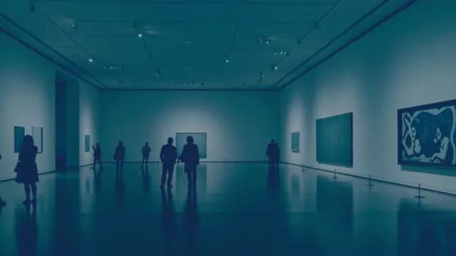 Visitors in Modern Art Museum Gallery Viewing Abstract Paintings