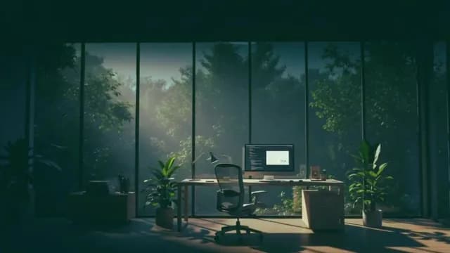 Modern Biophilic Workspace Overlooking Misty Forest