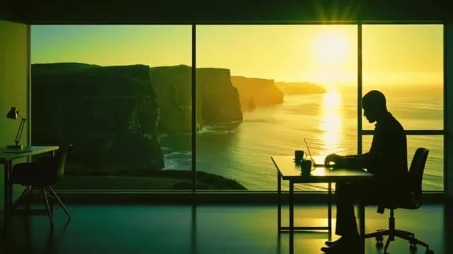 Silhouette Working at Laptop Overlooking Cliffs of Moher Sunset