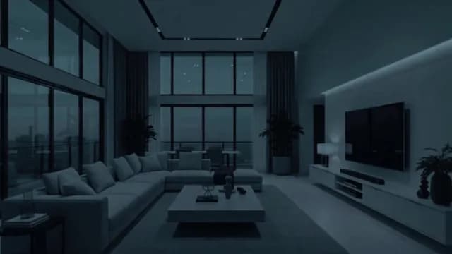 Modern Luxury Living Room Interior At Night With Large Windows
