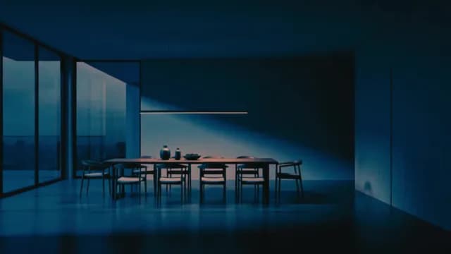 Modern Minimalist Dining Room with Cinematic Blue Lighting