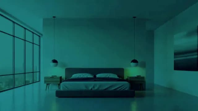 Modern Minimalist Bedroom Interior at Night with Teal Lighting