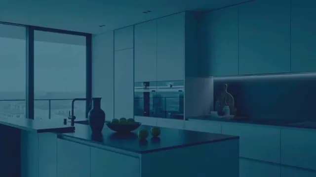 Modern Minimalist Kitchen Interior with City View at Dusk