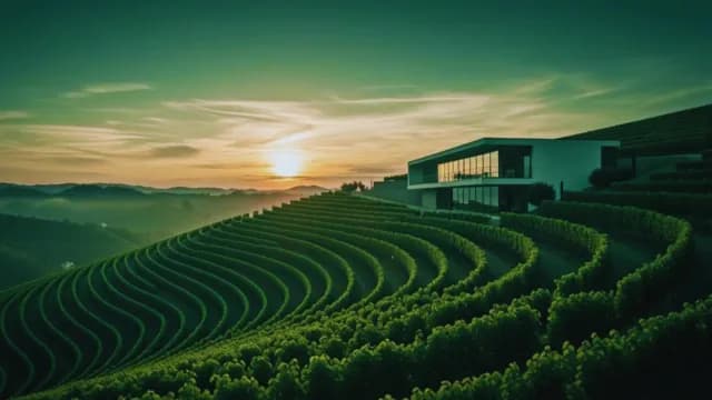 Modern Winery and Terraced Vineyards Overlooking Misty Valley at Sunrise