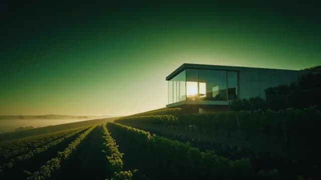 Modern Glass Winery and Vineyard Landscape at Sunrise