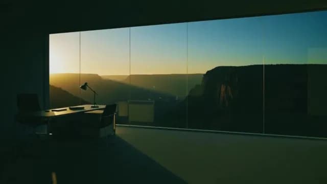 Modern Office Workspace with Panoramic Canyon Sunset View