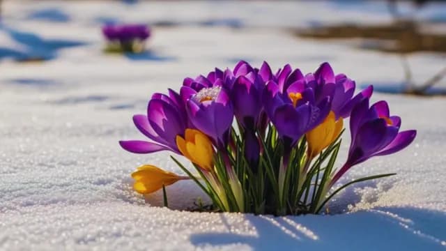 Purple and Yellow Crocus Flowers Blooming Through Spring Snow