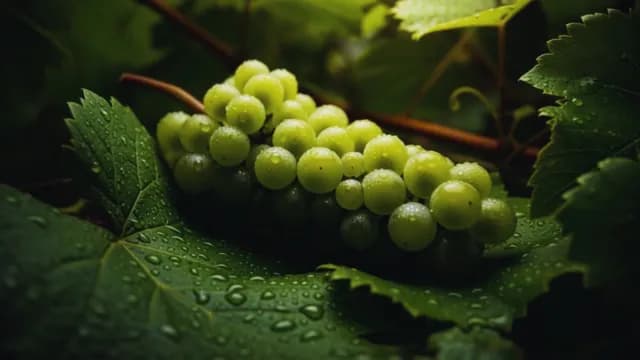 Fresh Green Grapes with Morning Dew on Vineyard Vine