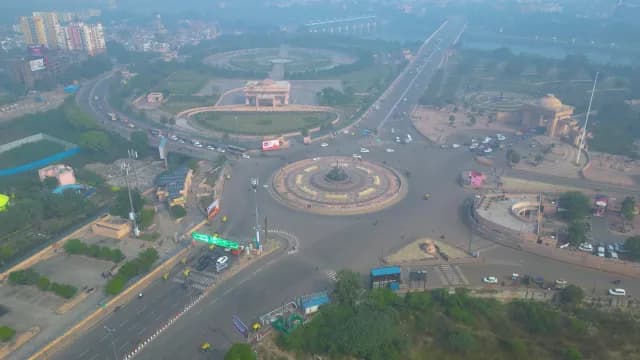 Aerial Drone View of Lucknow Ambedkar Memorial Park Traffic Intersection