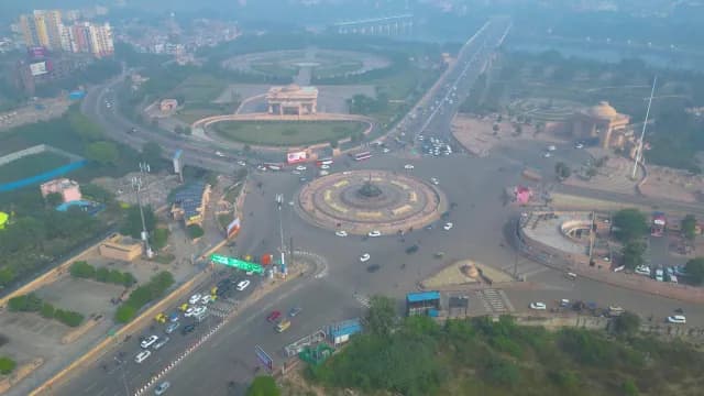 Aerial Drone View of Busy Lucknow City Roundabout Traffic in India